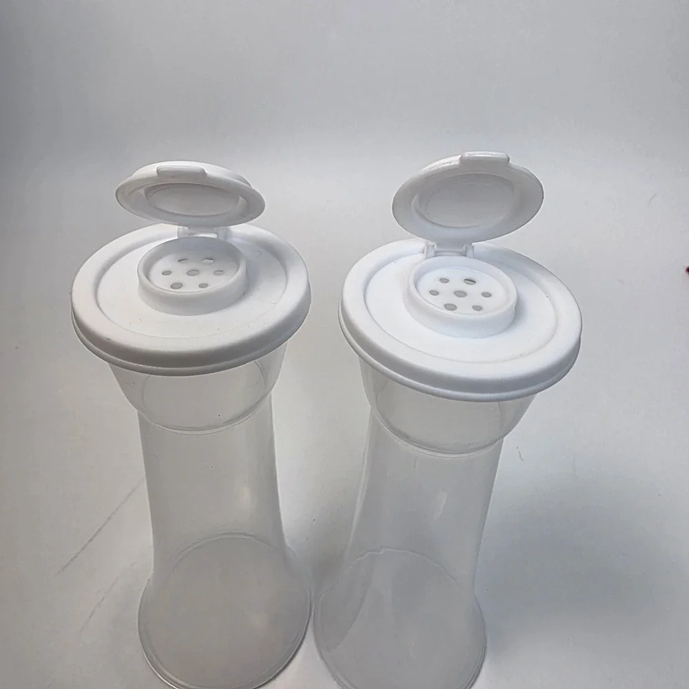 Hourglass Salt and Pepper Shakers Plastic Set Clear White Flip Top Seals NEW